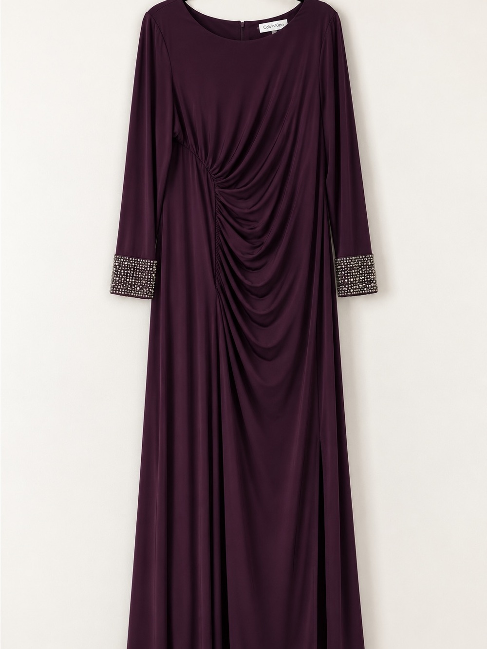 Calvin Klein Deep Plum Long Sleeve Evening Dress with Jeweled Cuffs